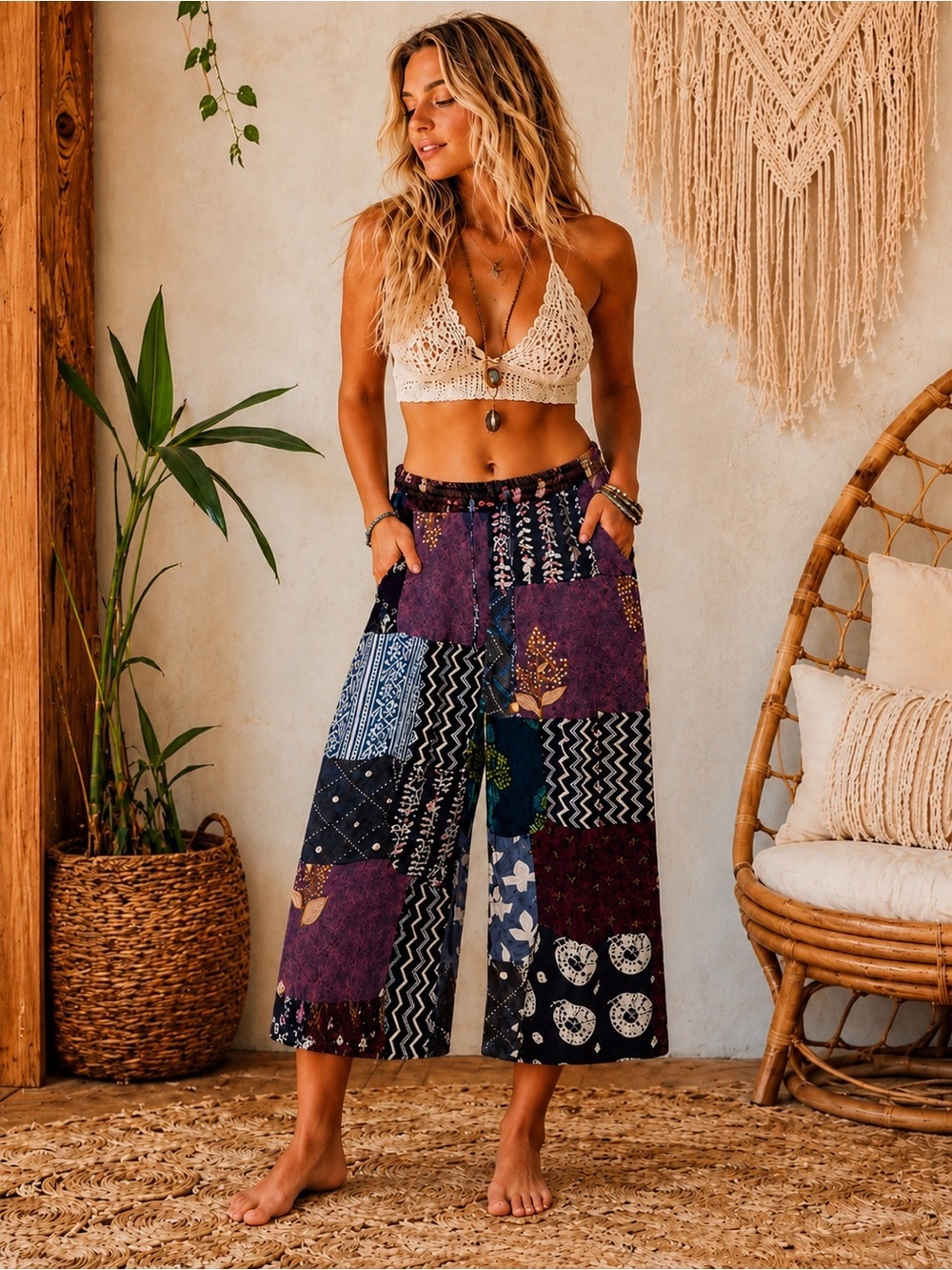 Jaded Gypsy L/XL Boho Patchwork Wide-Leg Pants - Purple Multi